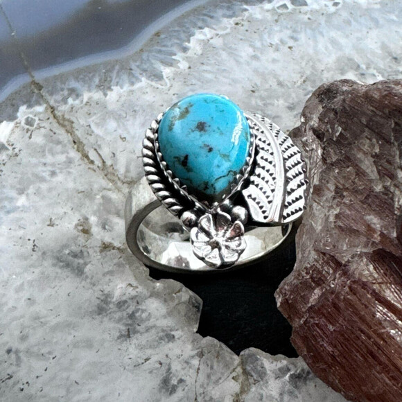 Sterling Silver Southwestern Style Teardrop Turquoise Decorated Adjustable Ring - Picture 4 of 11